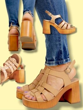 New 🤎  Women's Natural PU Leather Wooden Fisherman Platform Heeled Sandals